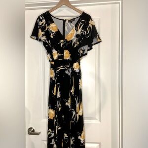 black dress w yellow and gray flowers. Has matching belt. Size 24 Lane Bryant